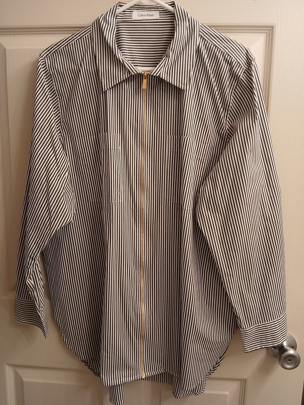 Calvin Klein Black and White Woman's Vertical Stripe Zip-Up Shirt